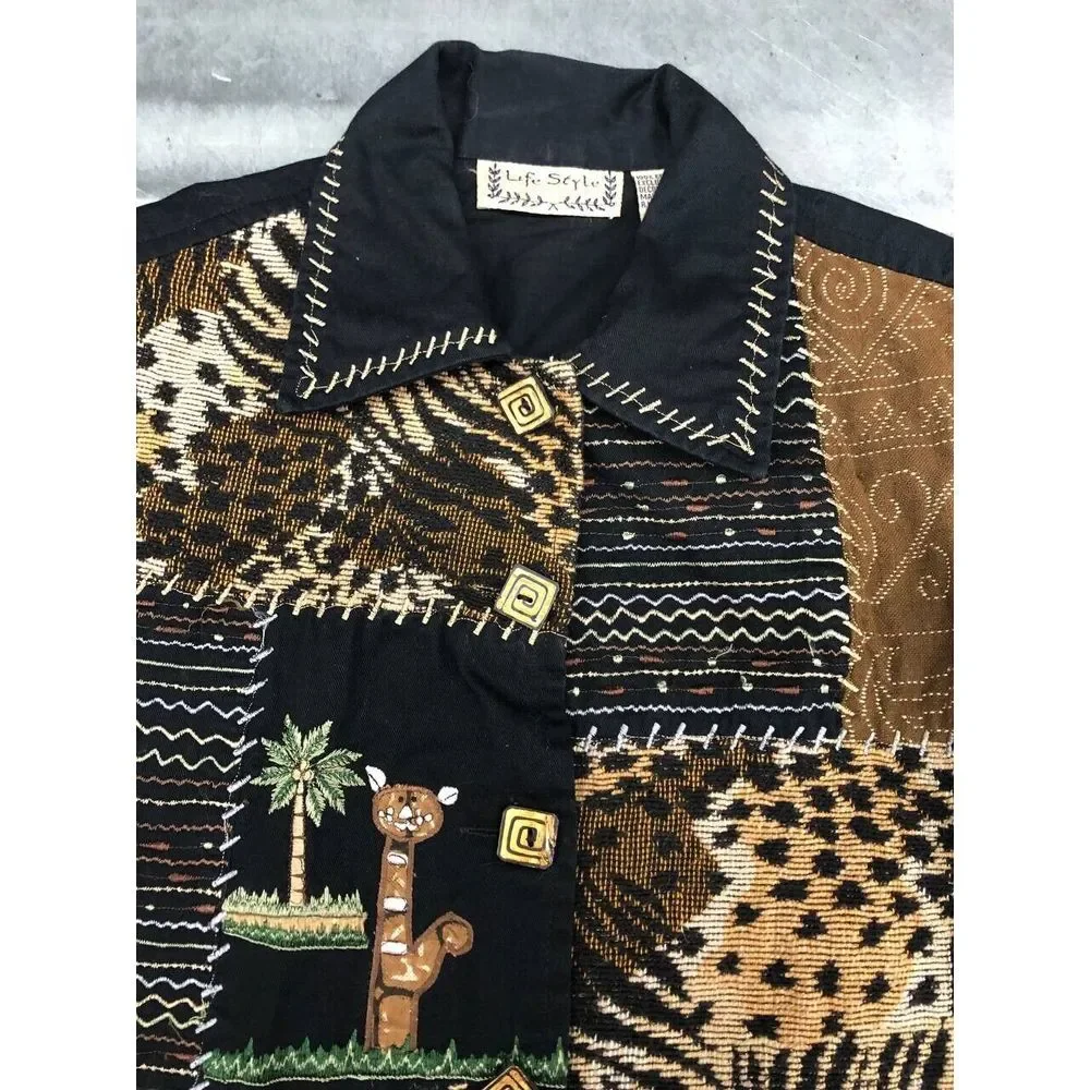 Life Style Vest Womens Small Black Button Up Animal Print Safari Cats Embroidery